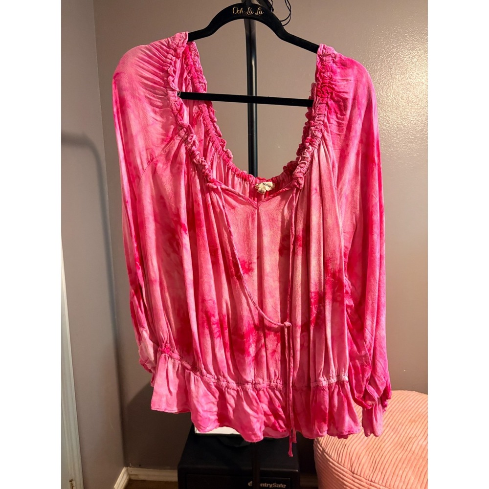 ee:some Pink Tie Dye Blouse Womens 2XL Relaxed‎ Fit Long Sleeve Rayon Top